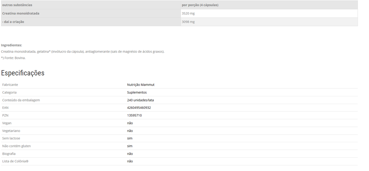CÁPSULAS DE CREATINA - 240 unidades/lata