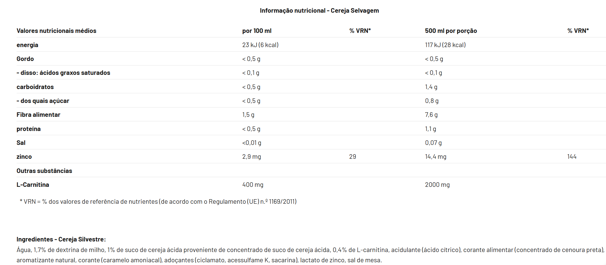 Sports Drink com L-carnitina RTD -500ml - Cereja silvestre