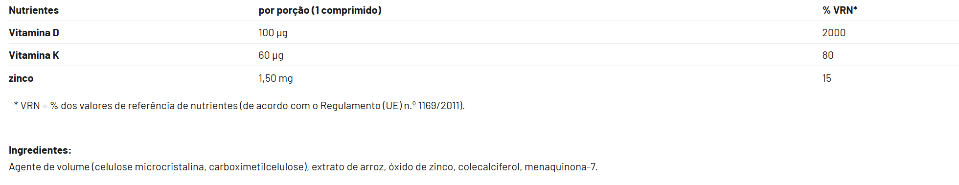 Vitamina D3 + K2 + Zinco em tabletes - 80 unidades / lata