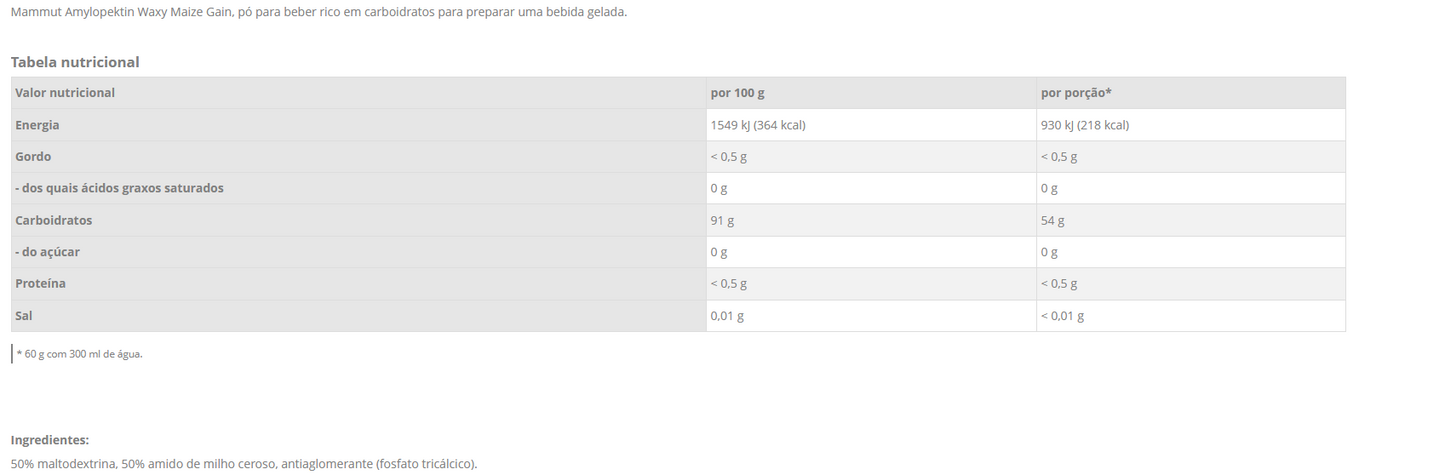 Amylopektin Waxy Maize Gain - Neutro - Saco zip de 1500 g