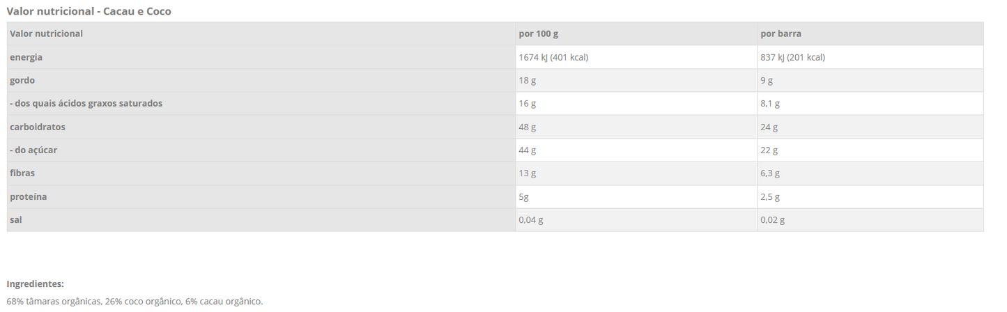 CLEAN SNACK BAR - Coco e Cacau - barra de 50 g